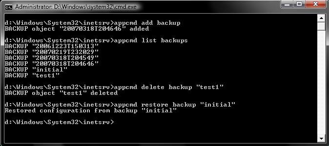 Managing IIS7 backups with AppCmd